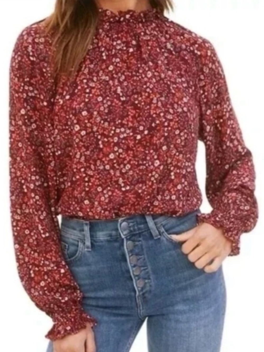 Reformation Theodora Red Floral Smocked Neck Blouse Large